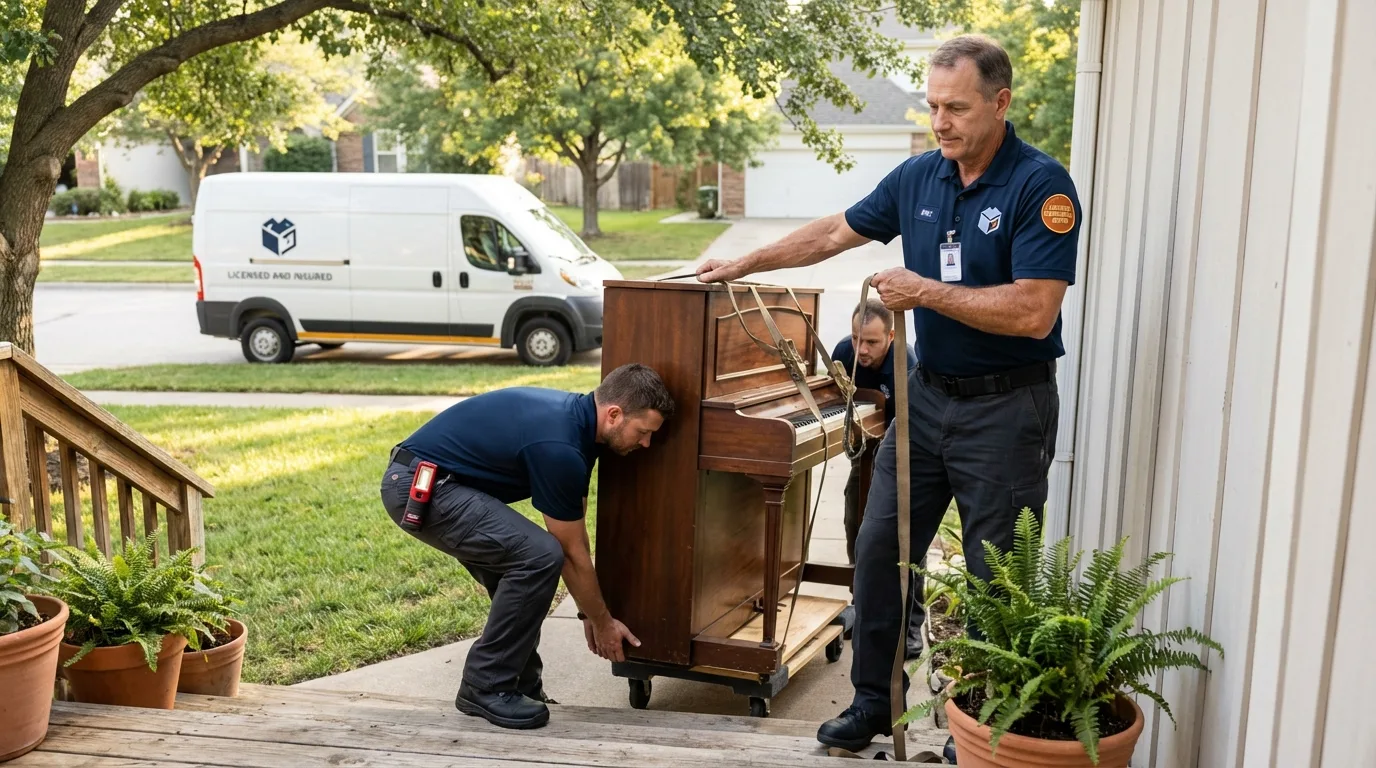 Licensed piano movers securing grand piano in Havre de Grace, MD