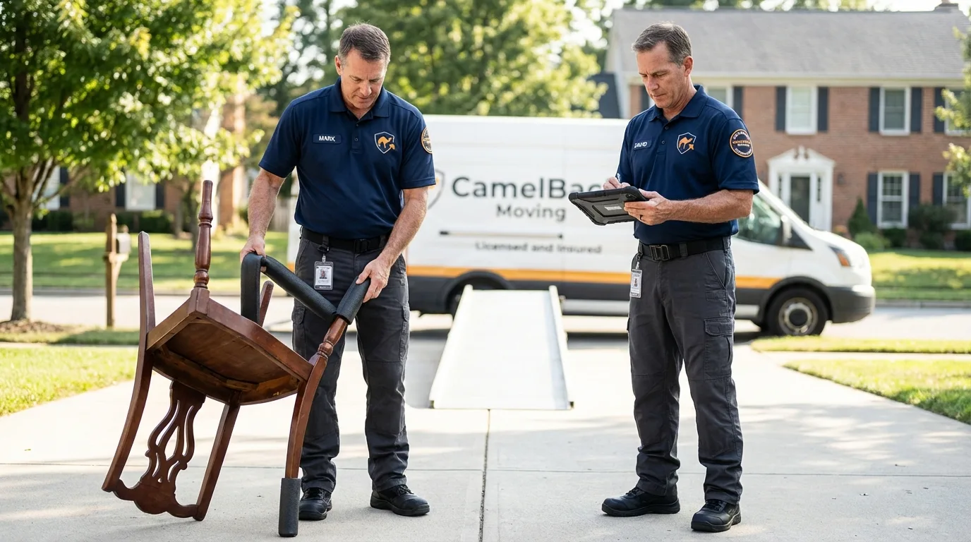 Movers inspecting furniture for damage prevention before loading in Havre de Grace, MD
