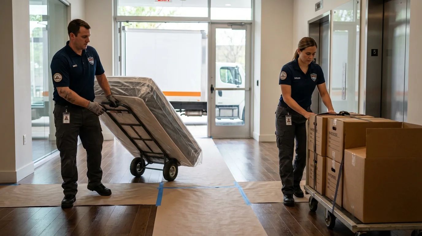 Professional apartment movers loading elevator in Havre de Grace, MD