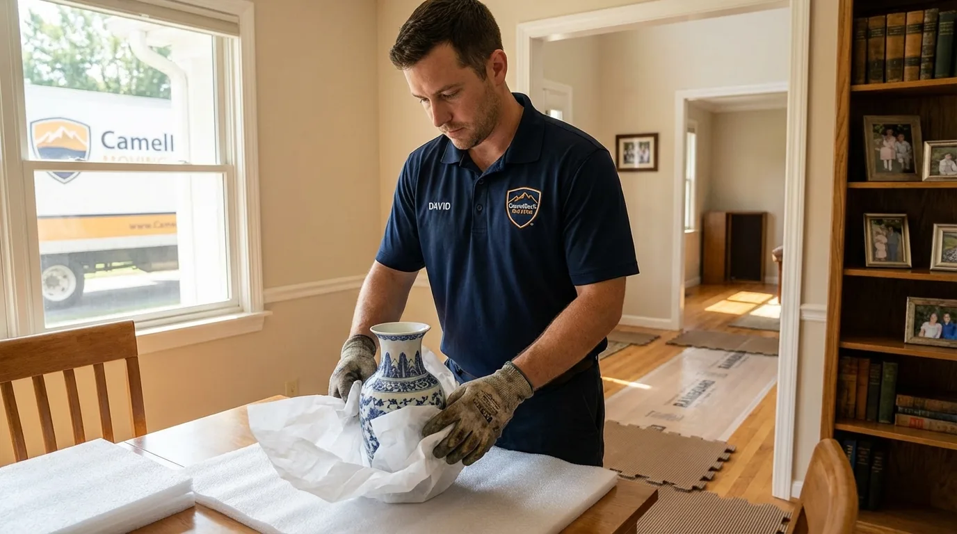 Professional crew carefully wrapping antique vase for senior downsizing move in Havre de Grace, MD